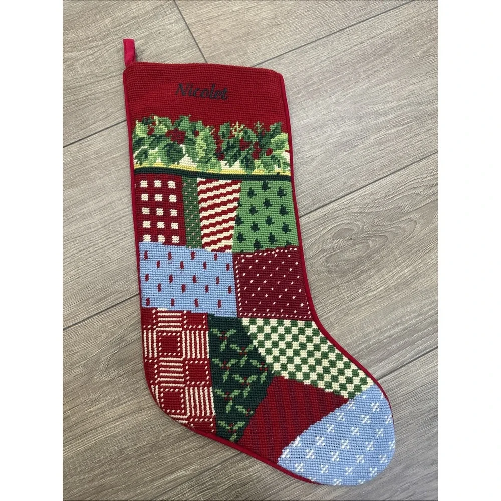 Land's End Vtg Needlepoint Christmas‎ Stocking Patchwork Customize NICOLET 18